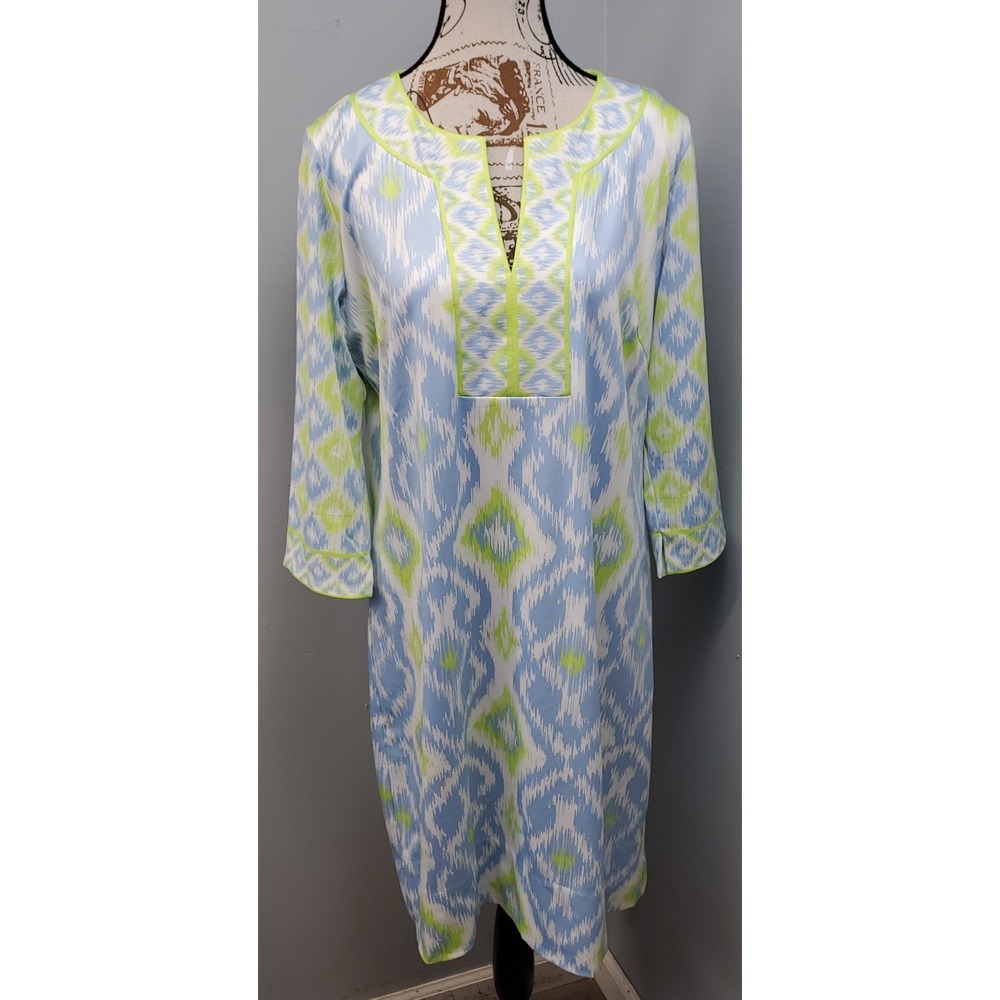 Gretchen Scott Shift Dress Womens L Multi Ikat Print Slit Sleeve Split V-Neck